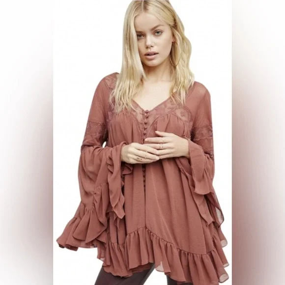 Free People All Night Lace Buttondown Ruffled Tunic Top - Picture 2 of 5